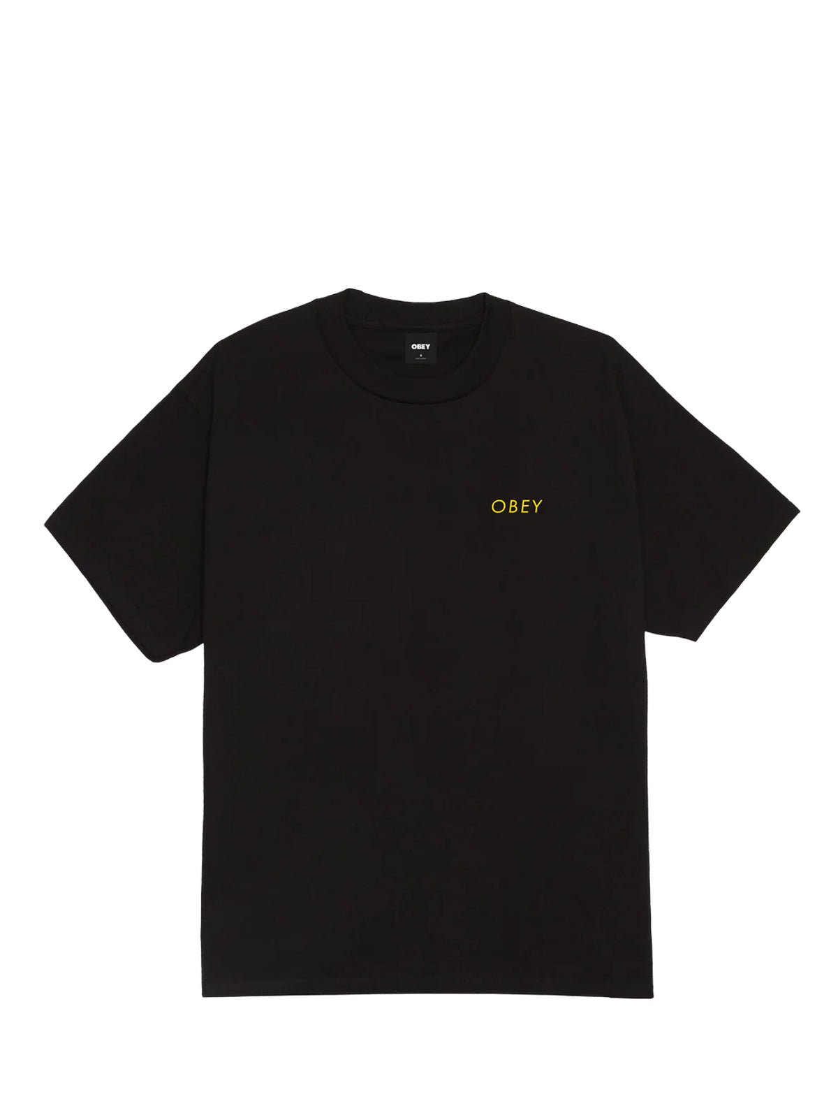 A black short-sleeve crewneck t-shirt with the brand name 'OBEY' printed in yellow on the left chest, displayed flat against a solid white background.