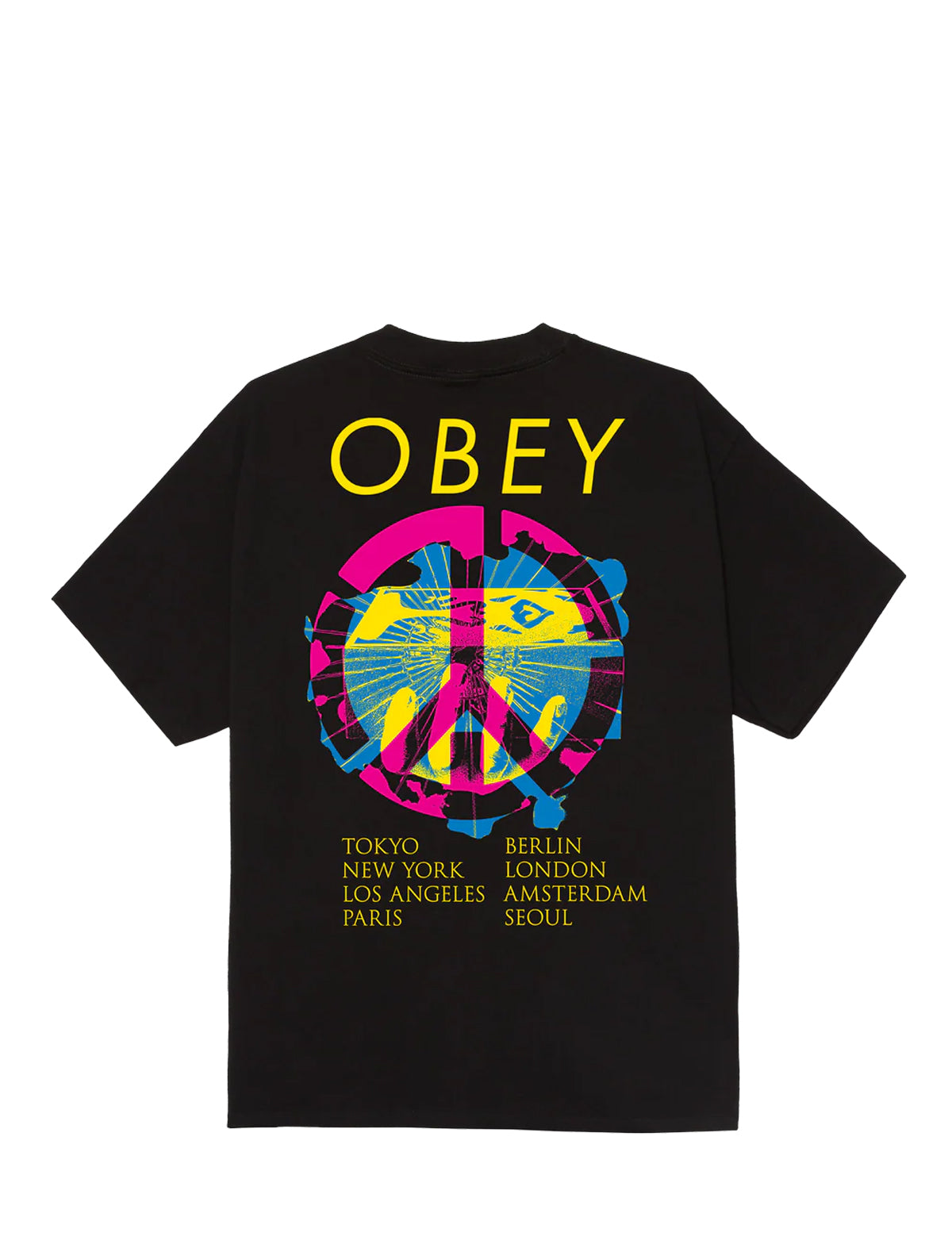 Black Obey short-sleeve t-shirt with a vibrant multicolor graphic print on the back, featuring the brand name 'OBEY' in yellow, a peace sign motif, and a list of world capitals.