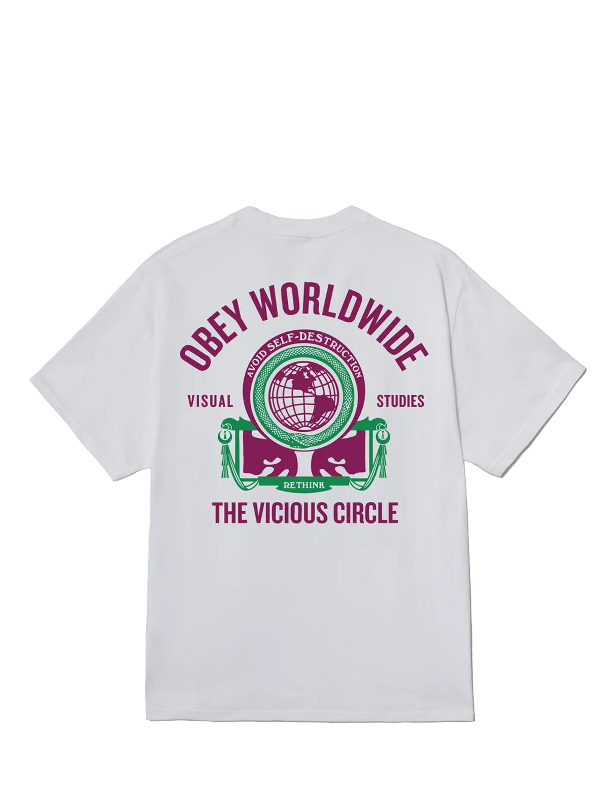 White short-sleeve t-shirt showing the back graphic with 'OBED WORLDWIDE' in magenta and green, featuring a globe and two figures, with 'THE VICIOUS CIRCLE' printed below.
