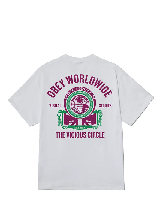 White short-sleeve t-shirt showing the back graphic with 'OBED WORLDWIDE' in magenta and green, featuring a globe and two figures, with 'THE VICIOUS CIRCLE' printed below.