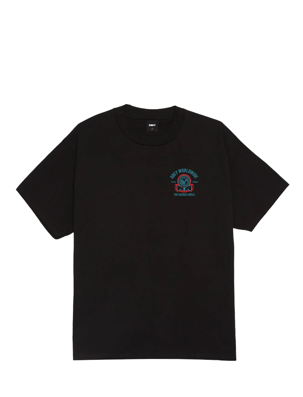 A black short-sleeve crewneck t-shirt with a small chest graphic on the left side. The graphic features a skull inside a red square with blue text above and below.