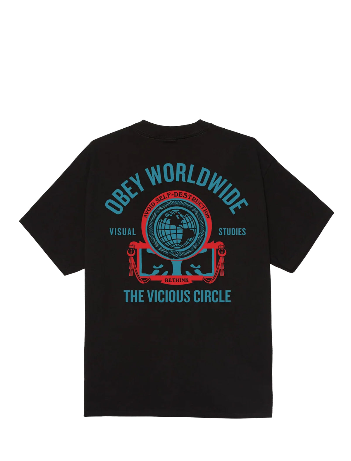 A black short-sleeve t-shirt shown from the back, featuring a large graphic print with the text 'OBEY WORLDWIDE' in teal, a red circular emblem with a globe, and 'THE VICIOUS CIRCLE' in teal at the bottom.