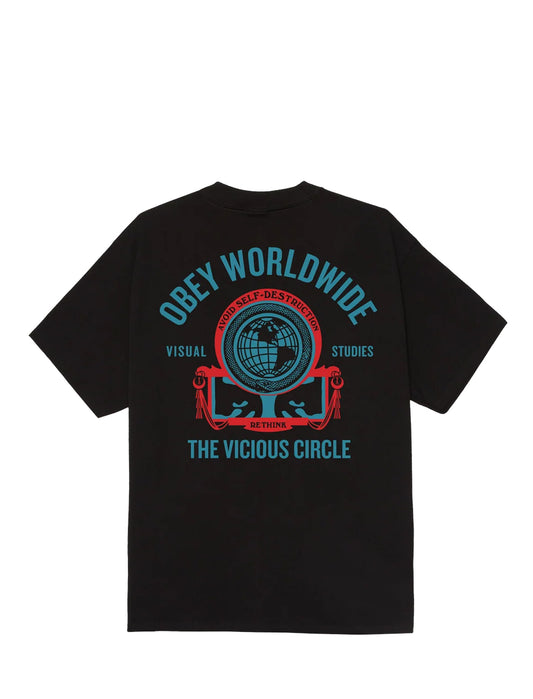 A black short-sleeve t-shirt shown from the back, featuring a large graphic print with the text 'OBEY WORLDWIDE' in teal, a red circular emblem with a globe, and 'THE VICIOUS CIRCLE' in teal at the bottom.