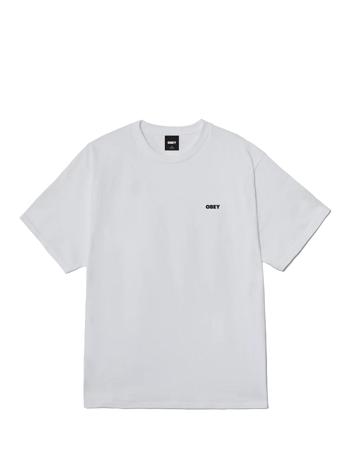 A white short-sleeve crewneck t-shirt with a small black 'OBEY' logo printed on the left chest, displayed flat against a solid white background.