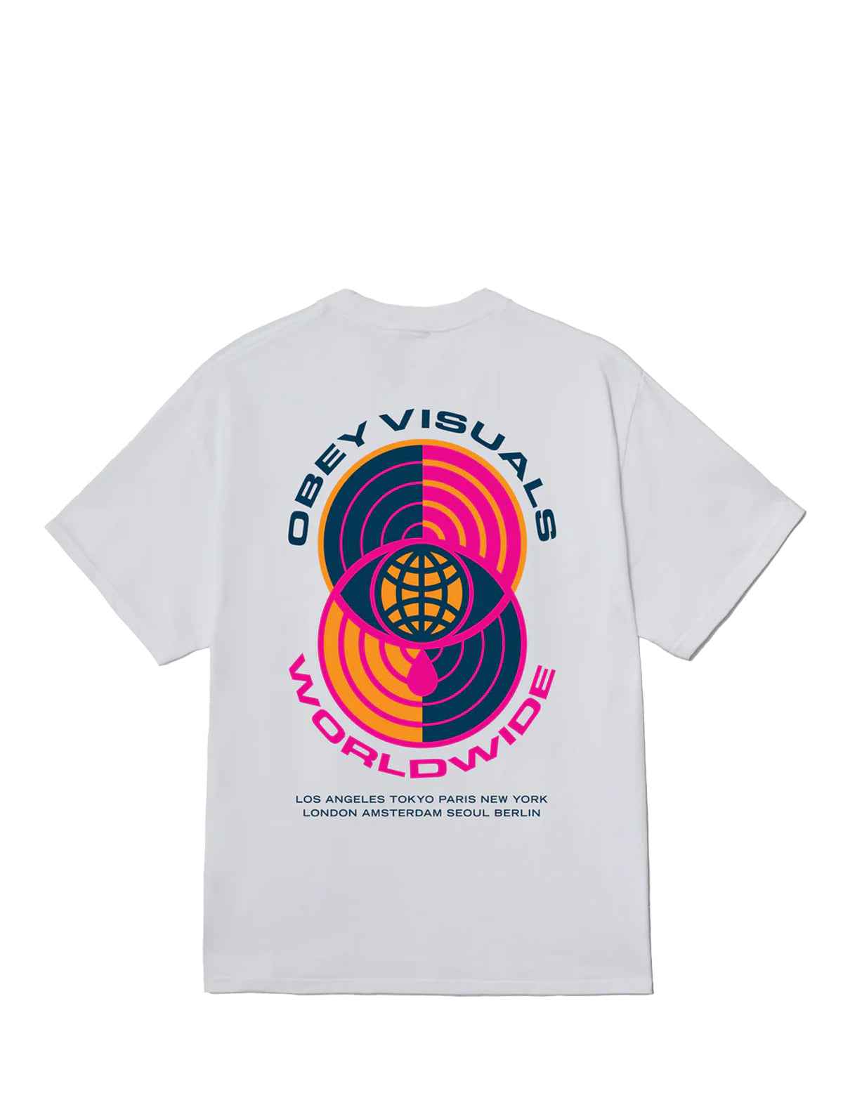 White short-sleeve t-shirt showing the back, which features a large graphic print with concentric circles in pink, yellow, and navy, a central globe motif, and the text 'OBEY VISUALS WORLDWIDE' in navy and pink.