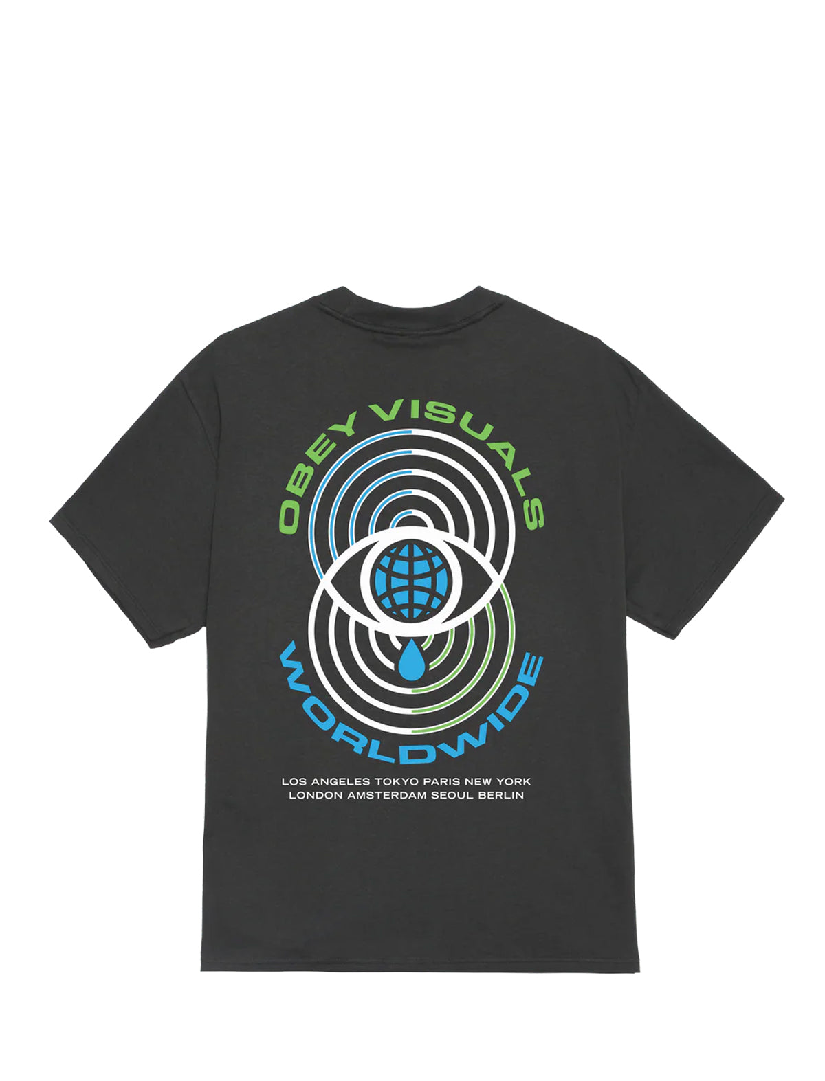 A vintage black short-sleeve t-shirt with a large graphic on the back. The graphic features concentric circles, a stylized eye with a blue globe at its center, and the text 'OBEY VISUALS WORLDWIDE' in green and blue, with smaller city names listed underneath.