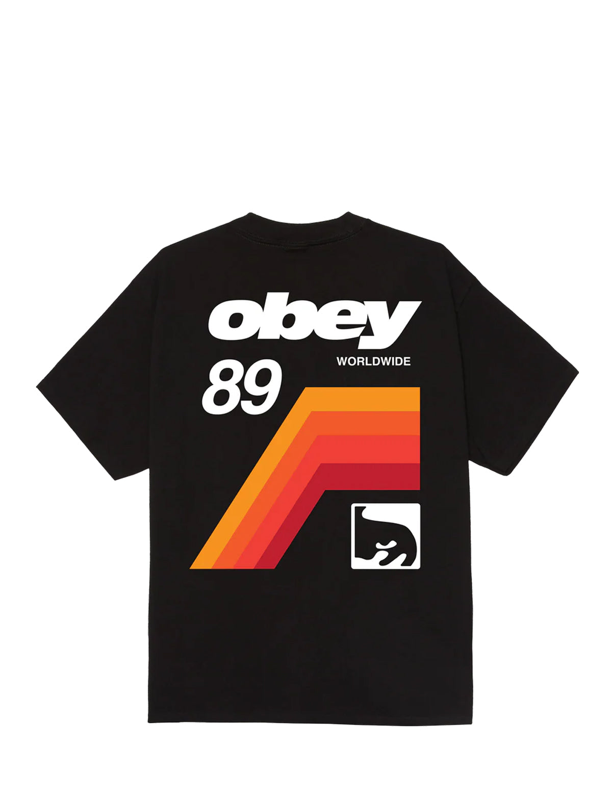 A black short-sleeve t-shirt with a graphic print on the front. The design features the white 'obey' logo and 'WORLDWIDE' text, the number '89' in white, a large retro chevron pattern in orange, yellow, and red, and a small white square graphic with a black face.