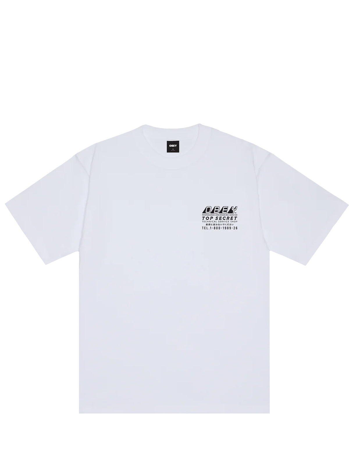 A white short-sleeve crewneck t-shirt with a black graphic print on the left chest reading 'OBEY TOP SECRET' and 'GET YOUR OWN GO'. The shirt is displayed flat against a solid white background.