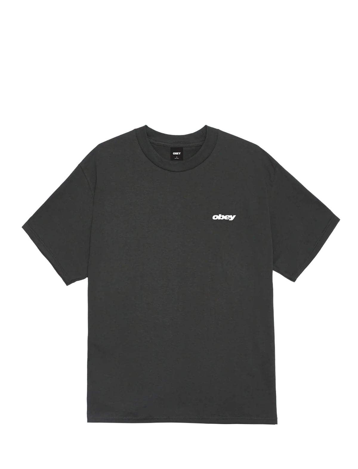 A vintage black short-sleeve t-shirt with a small white 'obey' logo printed on the left chest, displayed flat against a solid white background.