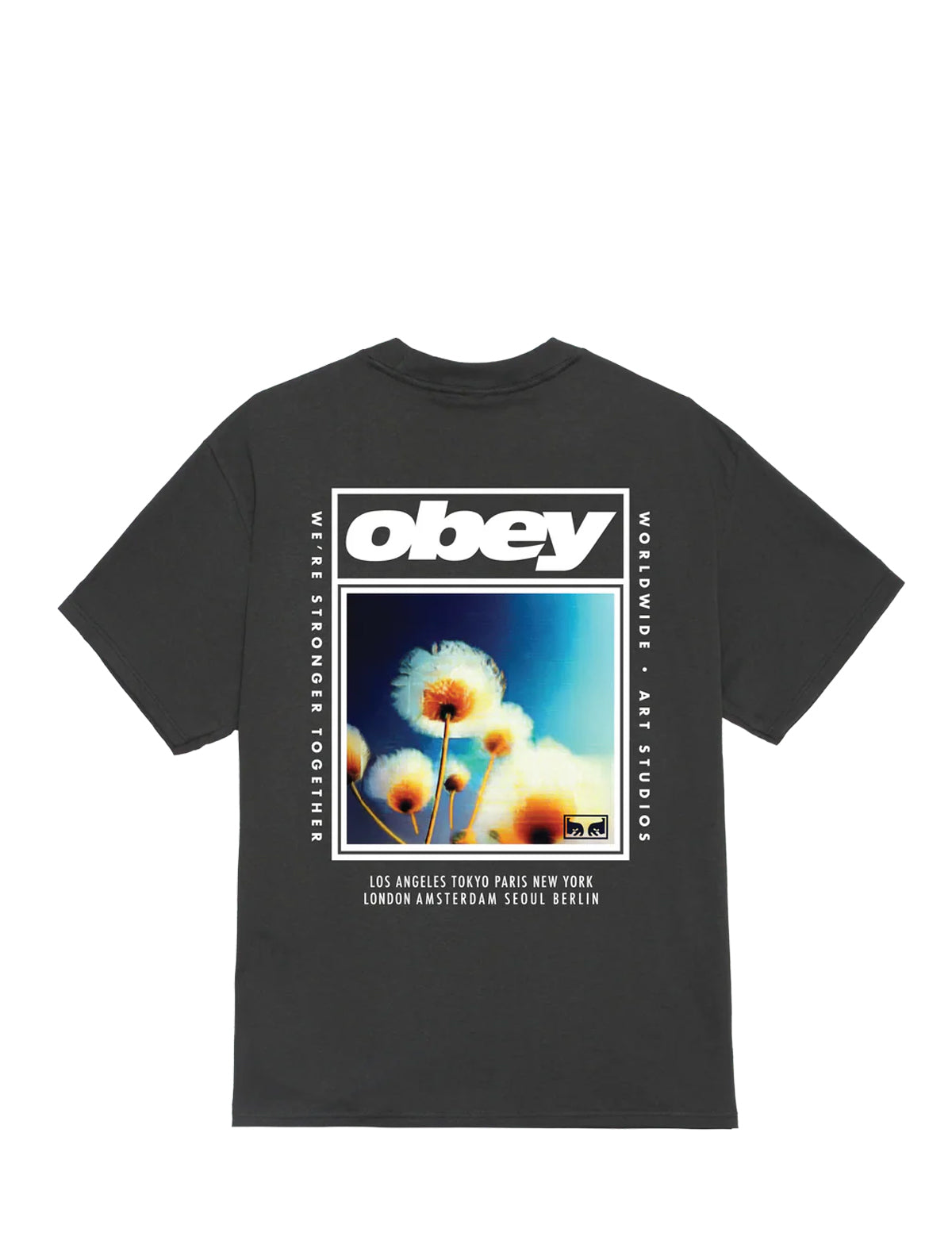 A vintage black short-sleeve t-shirt with a large graphic print on the front. The graphic features the white 'obey' logo above a square image of dandelions under a blue sky, with city names listed below.