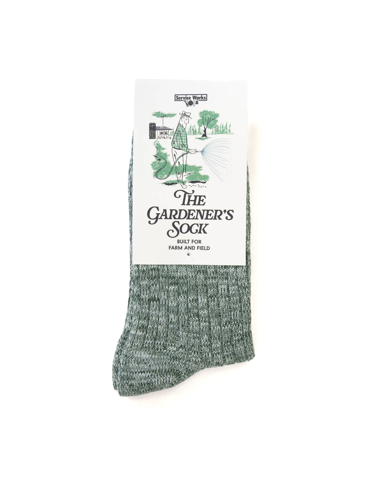 A single heathered sage green sock with a white paper label that reads 'The Gardener's Sock' and shows a small illustration of a gardener watering plants, photographed on a clean white background.