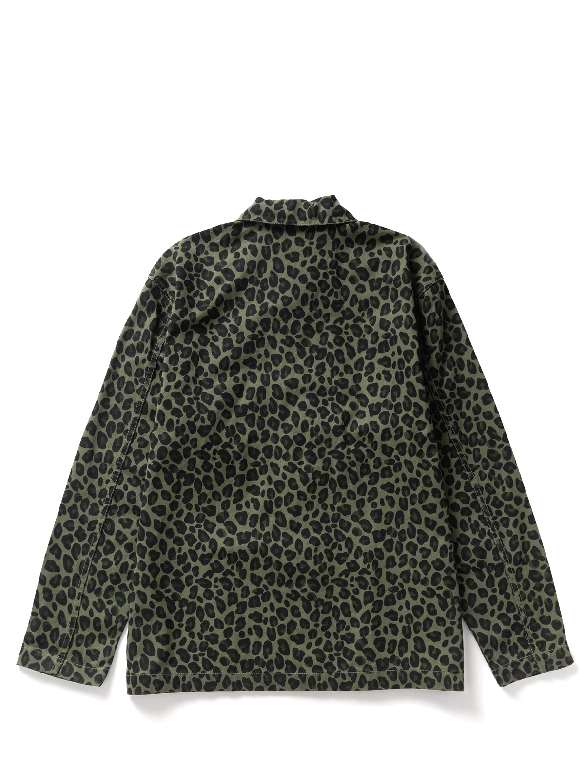 A long-sleeve collared shirt jacket featuring an all-over leopard print pattern in olive green and black, shown from the back on a white background.