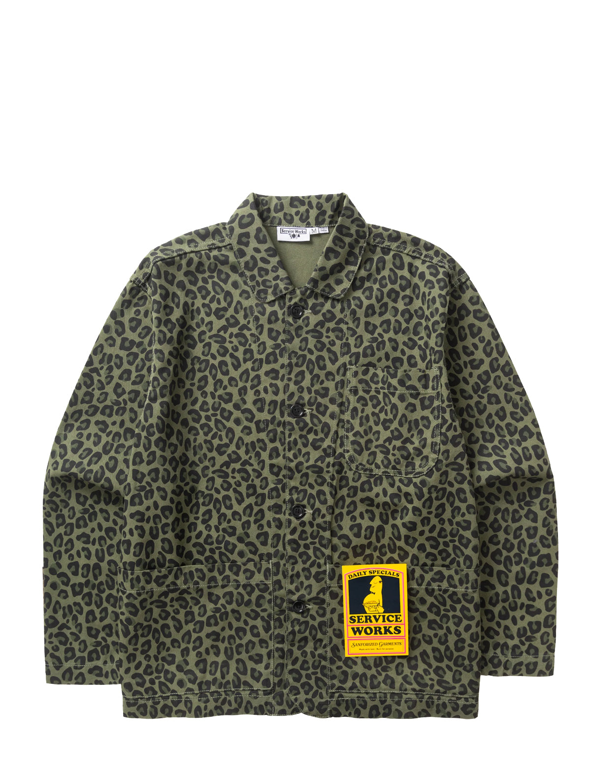 An olive green and black leopard print button-up shirt jacket with a yellow 'Service Works' patch on the front, displayed flat against a white background.