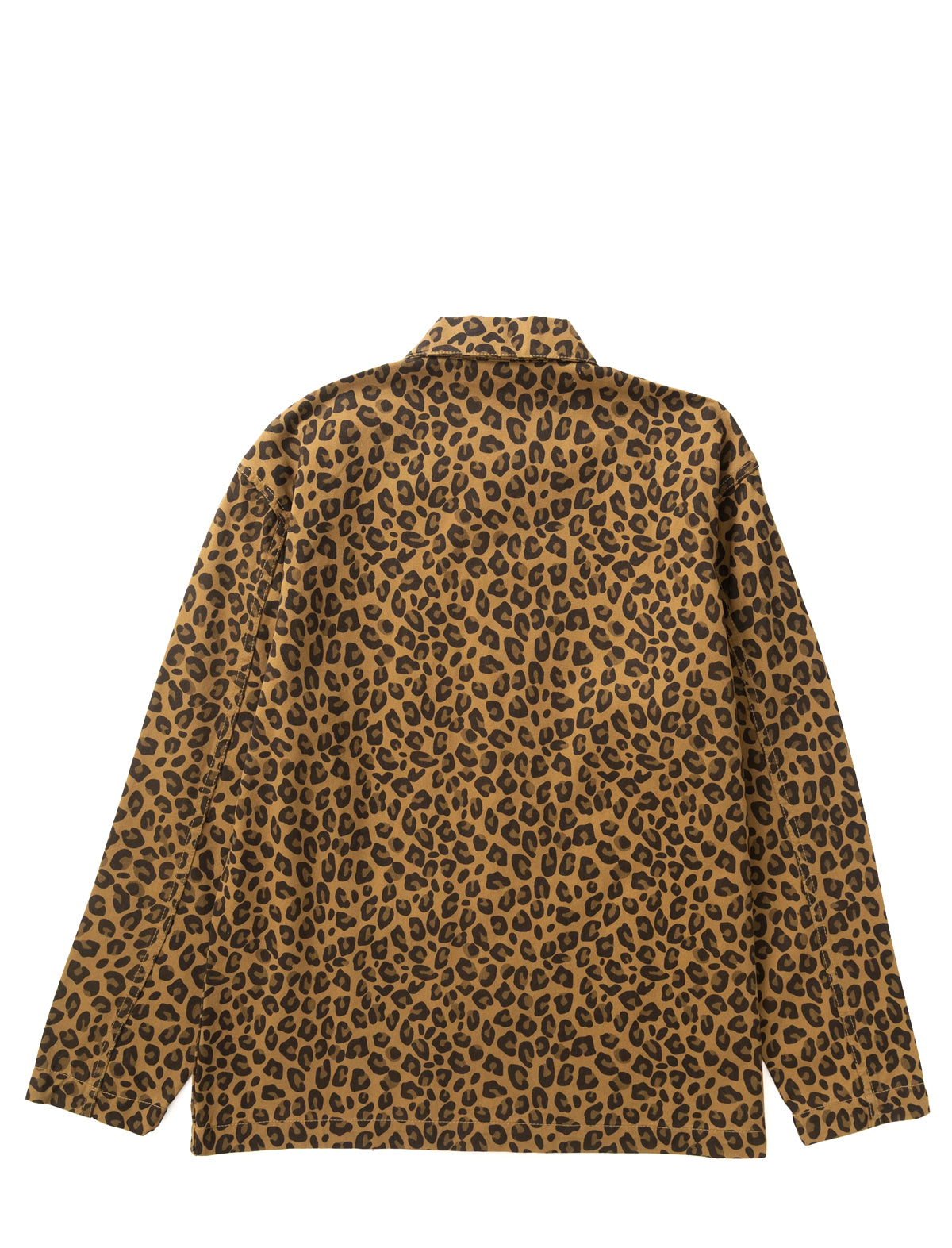 A long-sleeve button-up shirt with an all-over leopard print pattern, shown from the back on a solid white background.
