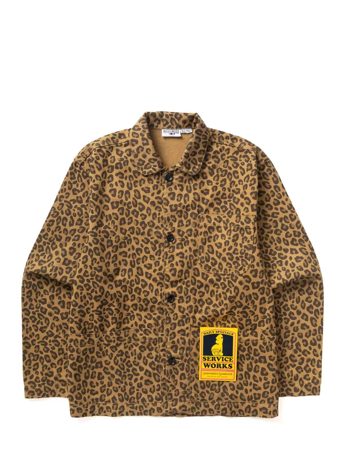 A brown and black leopard print utility jacket with a yellow 'Service Works' patch on the lower front, displayed flat against a white background.