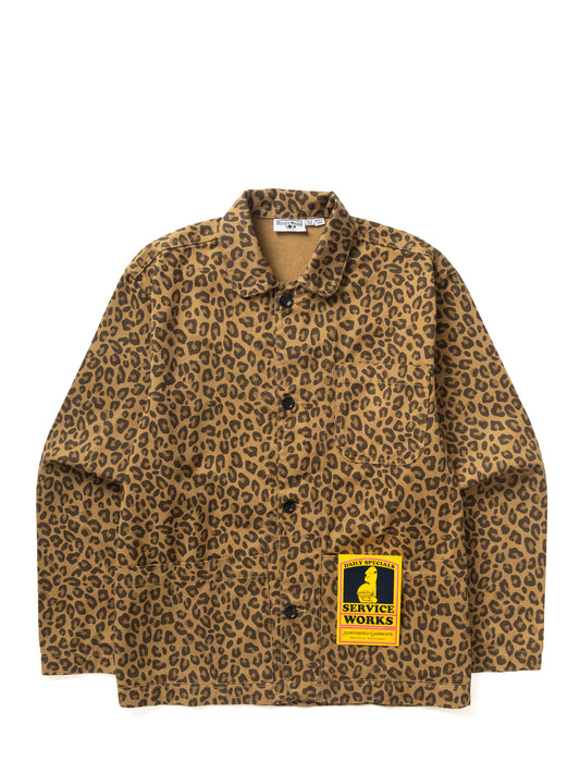 A brown and black leopard print utility jacket with a yellow 'Service Works' patch on the lower front, displayed flat against a white background.
