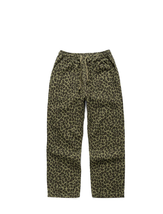 A pair of wide-leg pants featuring an olive green and black leopard print pattern, displayed flat against a solid white background.