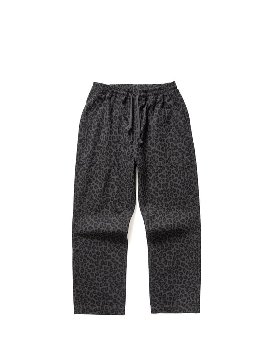 Black and gray leopard print drawstring pants shown flat against a white background.