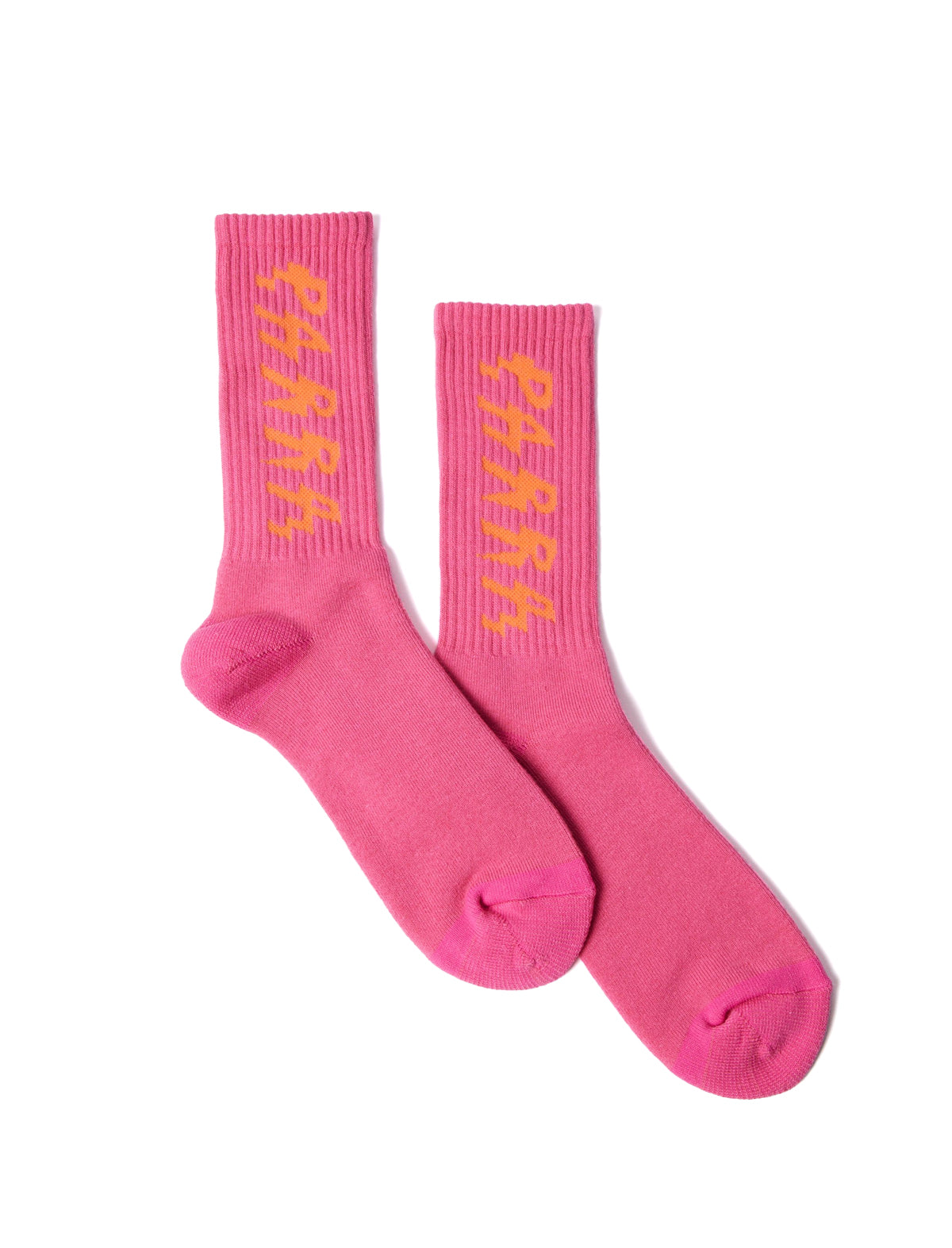 By Parra Pink socks with yellow text on a white background