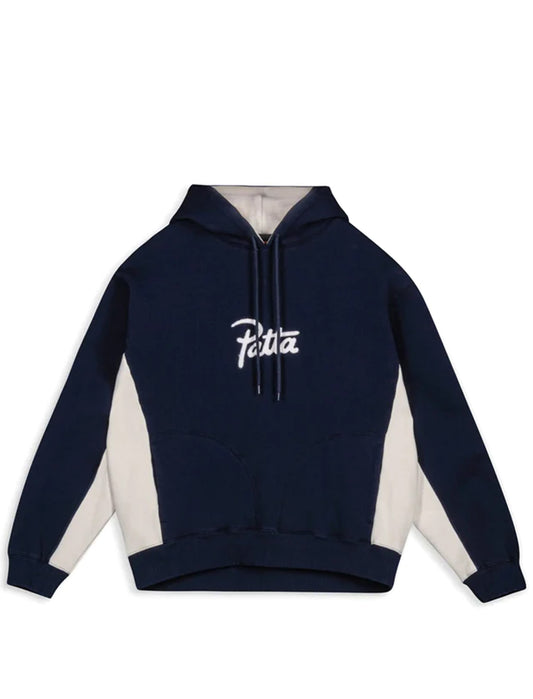 Patta Navy blue hoodie with white logo on a light gray background