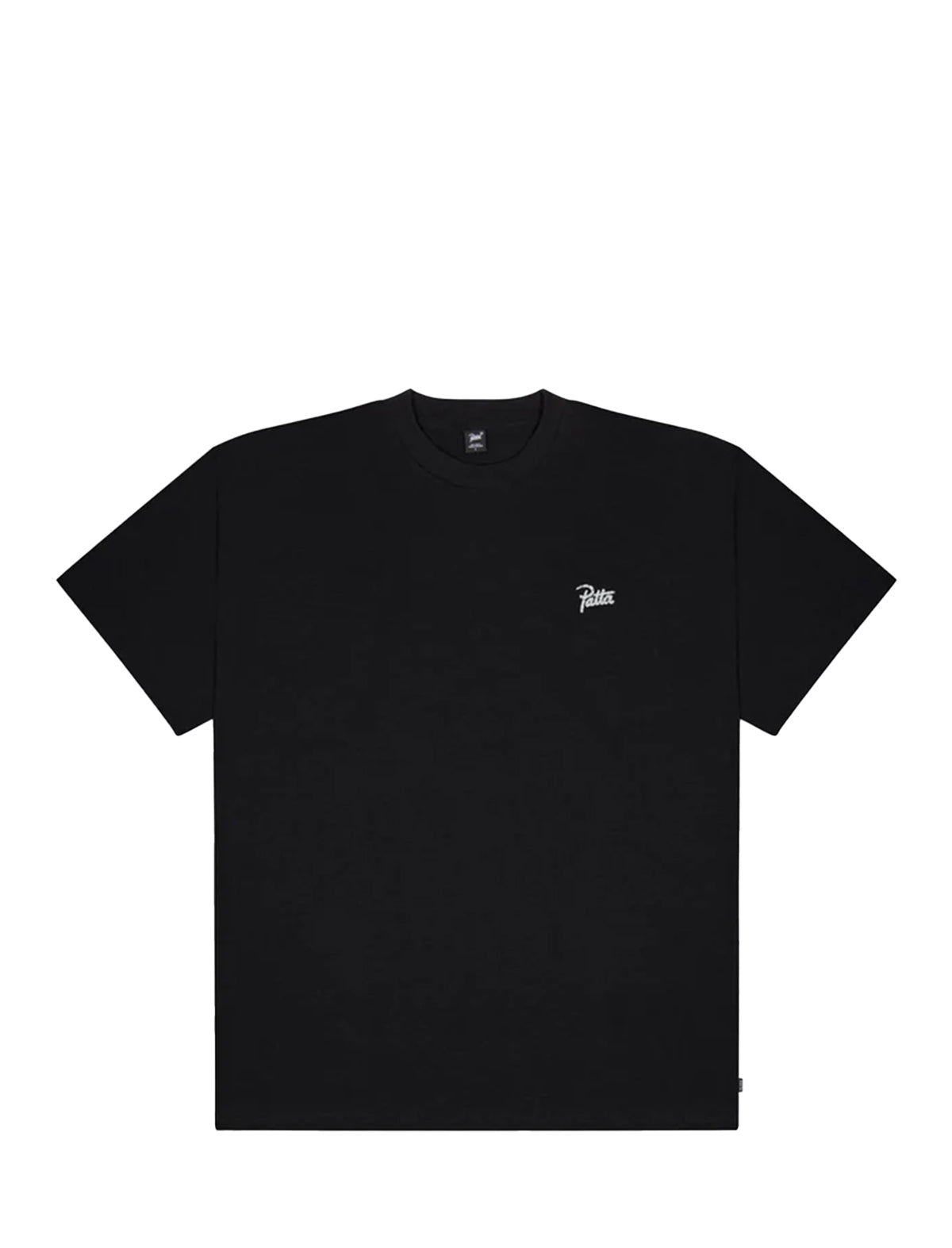 Black t-shirt with a small Patta logo on a white background