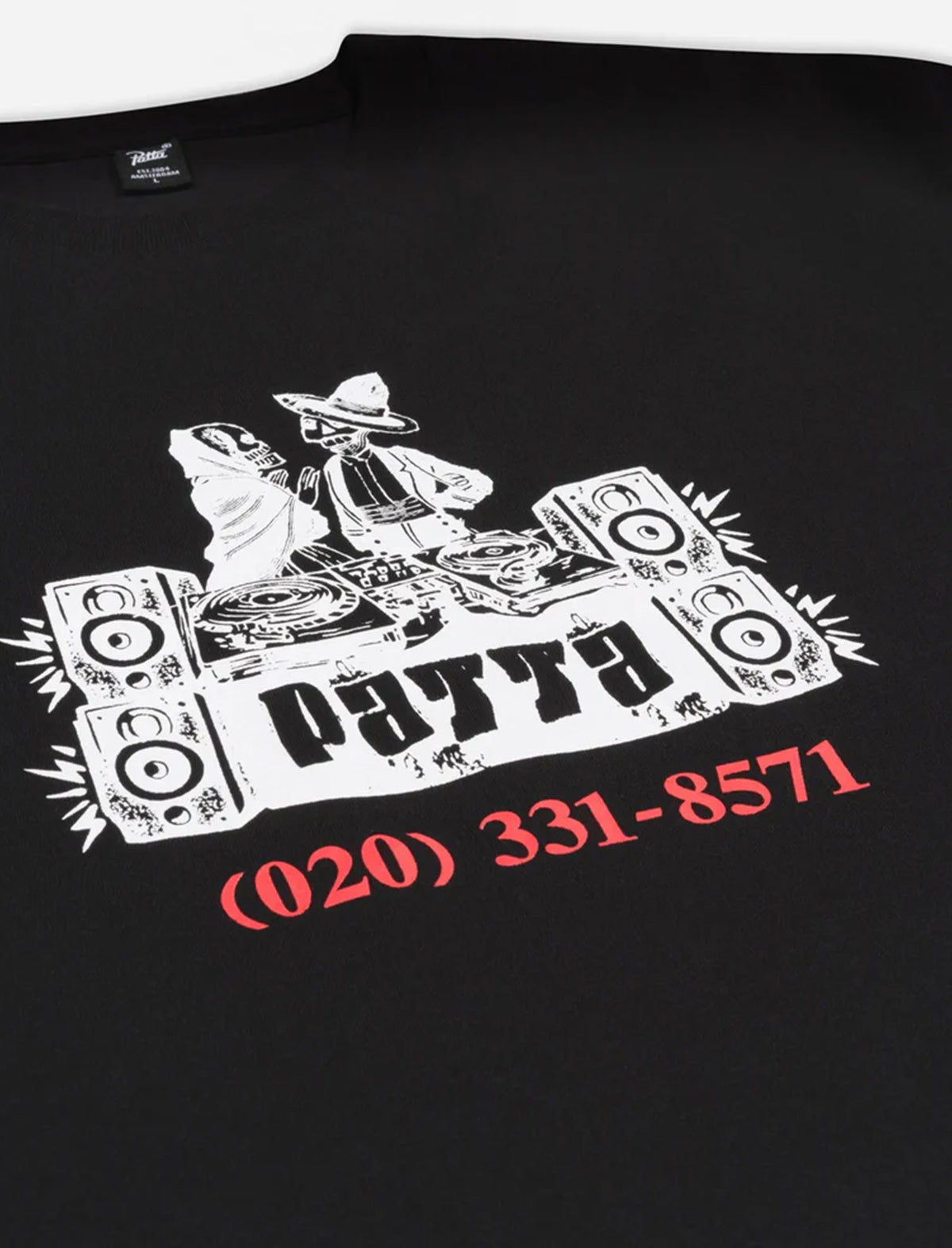 patta Black t-shirt with white graphic design and red text on a white background