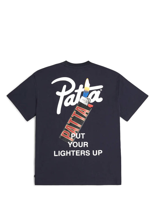 Patta Lighter Navy t-shirt with 'Patta' logo and text on a white background