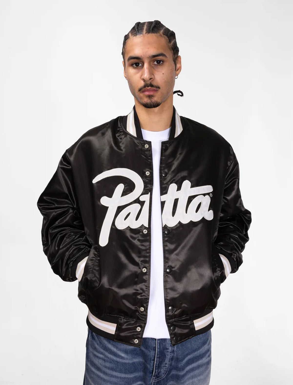 Patta Script Logo Satin Varsity Jacket Black