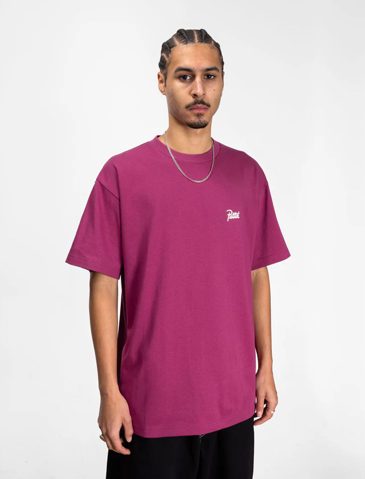 Patta Script Logo -Shirt in Pink on model on a white background