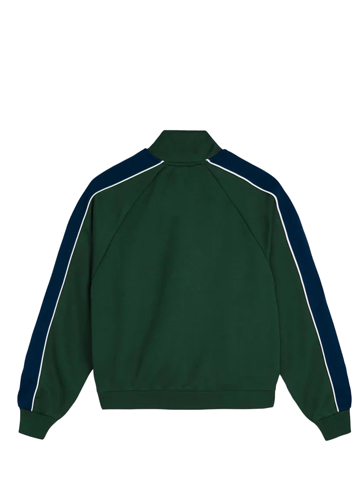 Green tracksuit jacket with navy sleeves on a white background