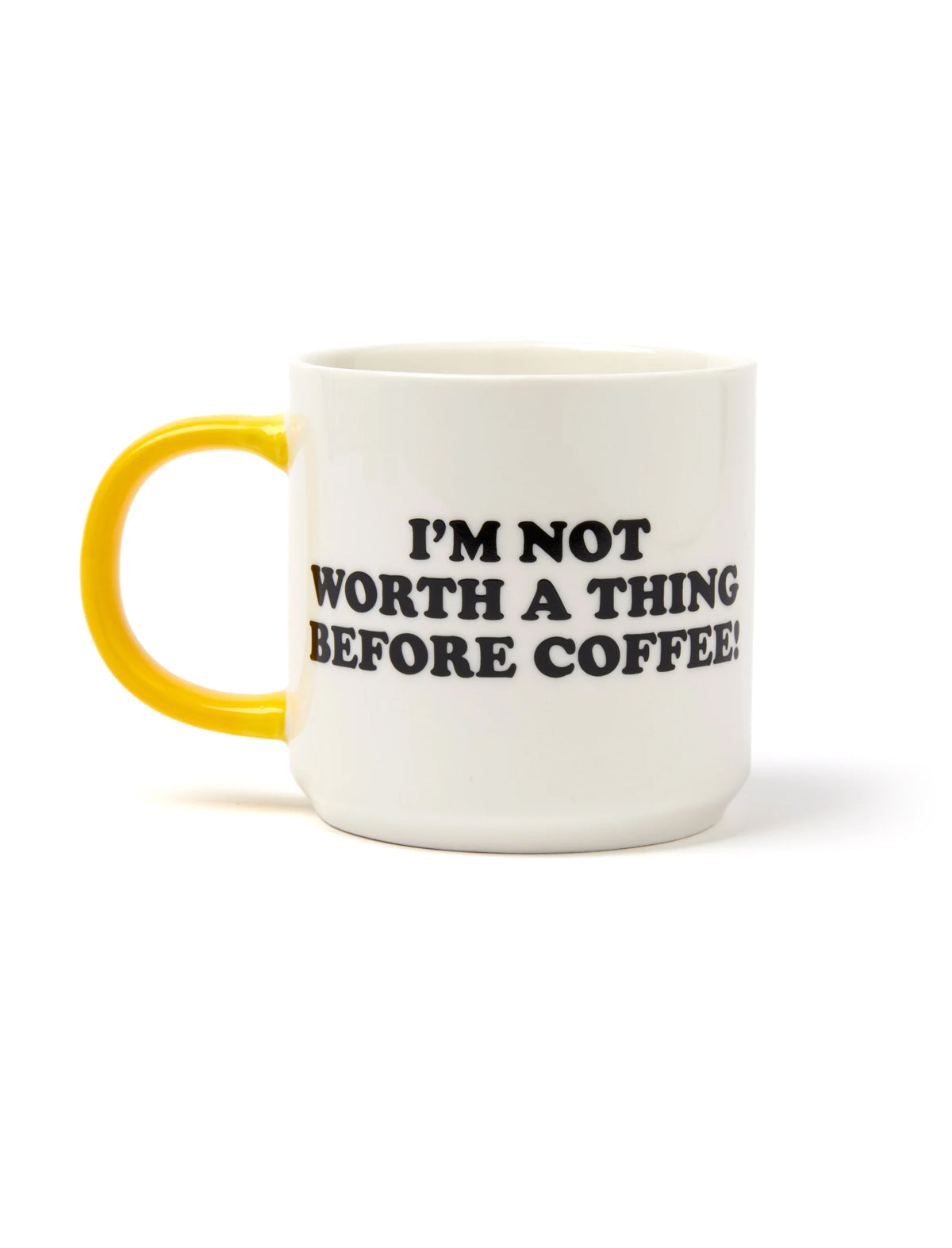 Peanuts Snoopy Mug with I'm Not Worth A Thing Before Coffee written on it with a yellow handle