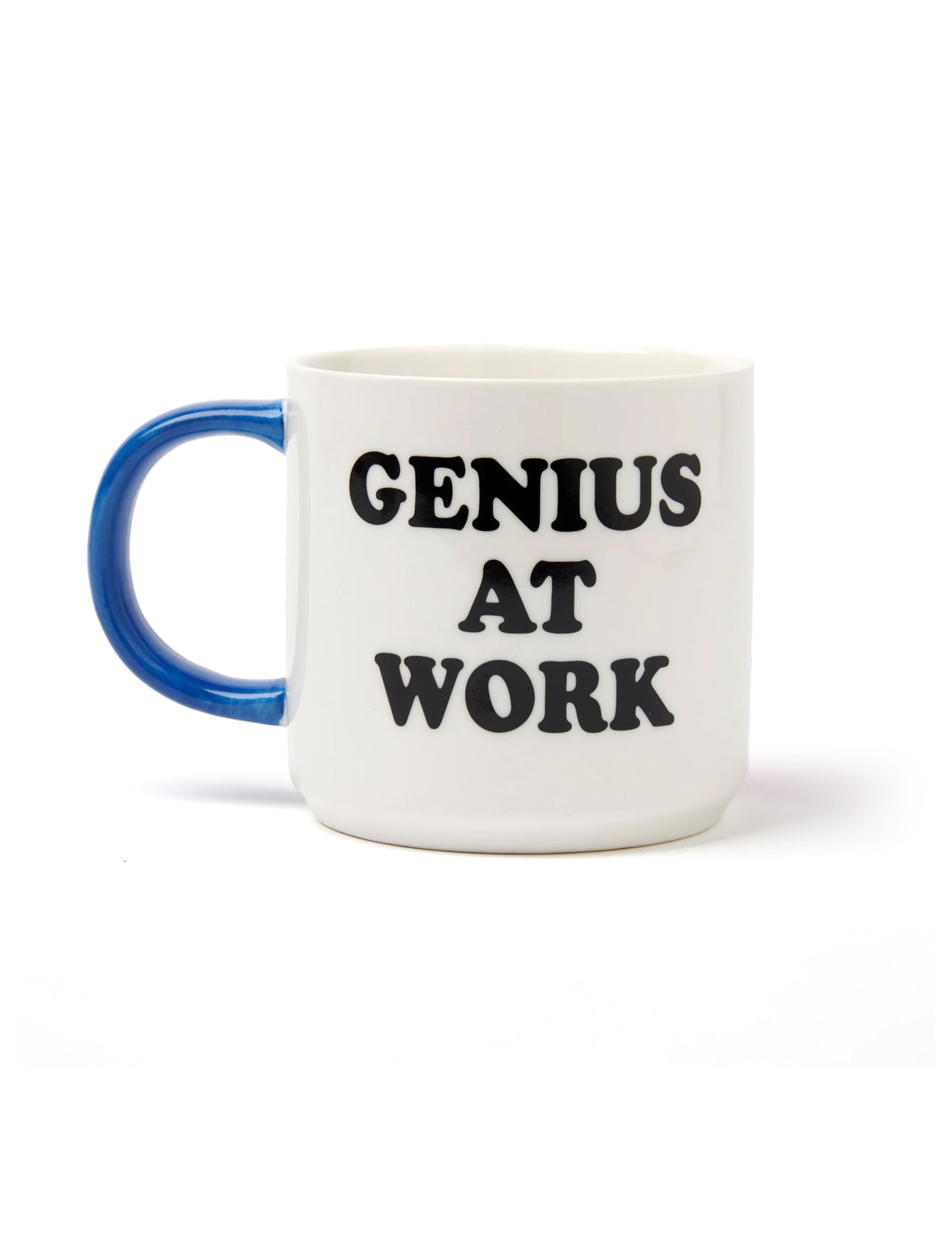 Mug with 'GENIUS AT WORK' text on a white background