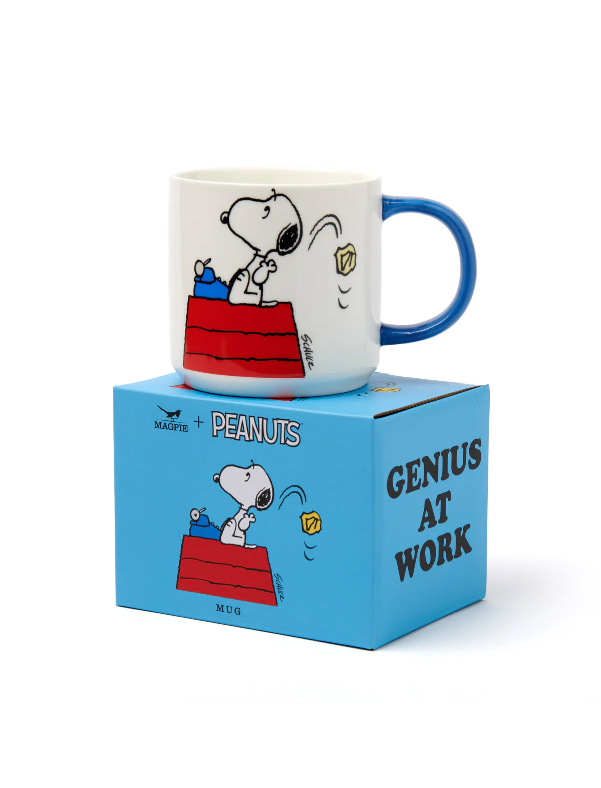 Mug with 'GENIUS AT WORK' text on a white background