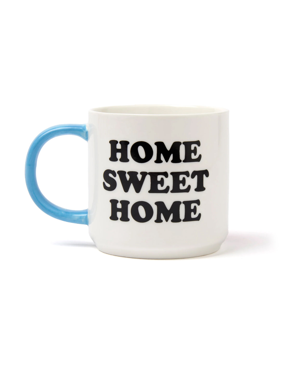 Peanuts Home Sweet Home Mug with Home Sweet Home written on it with a blue handle