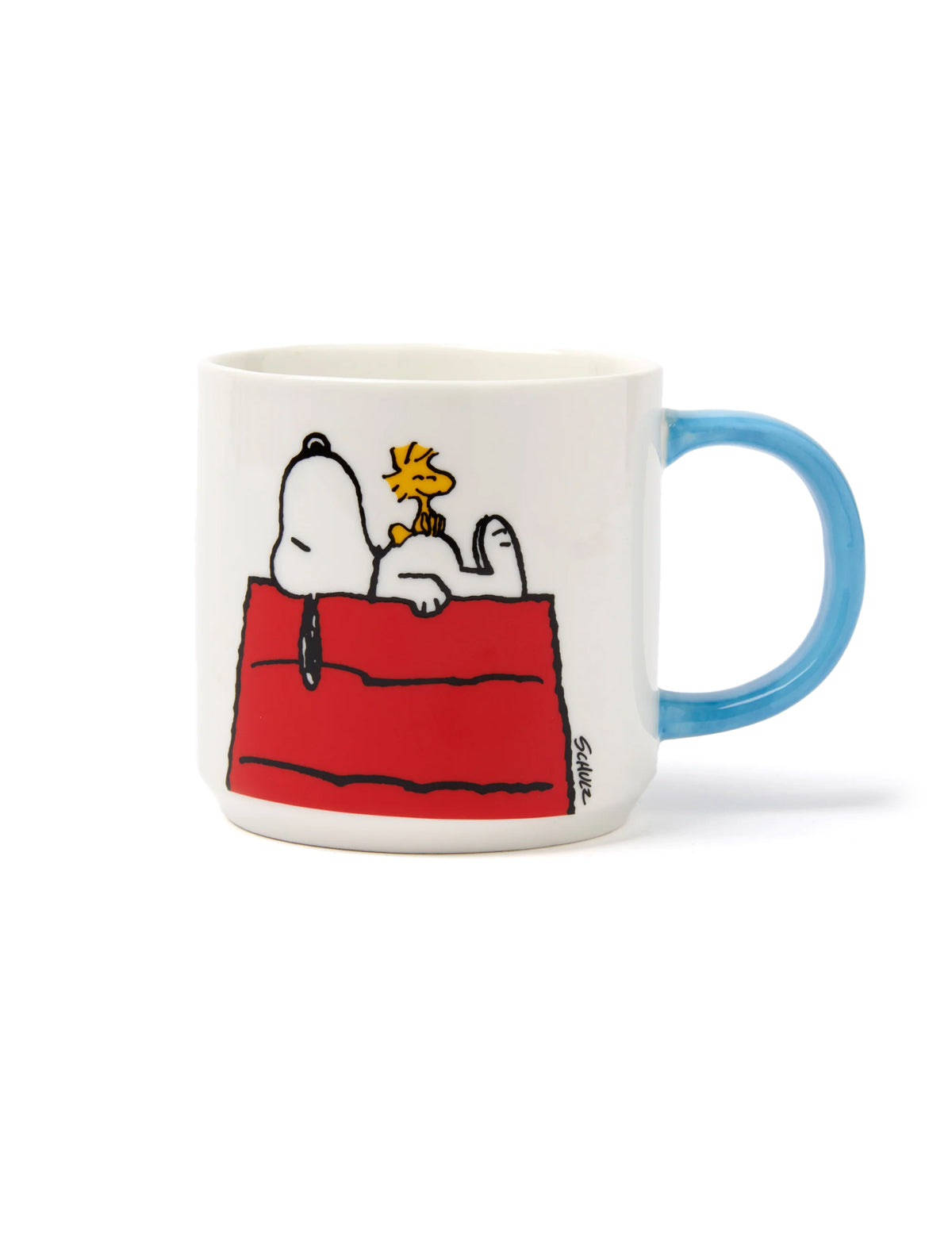 Peanuts Home Sweet Home Mug with Snoopy and Woodstock on it with a blue handle