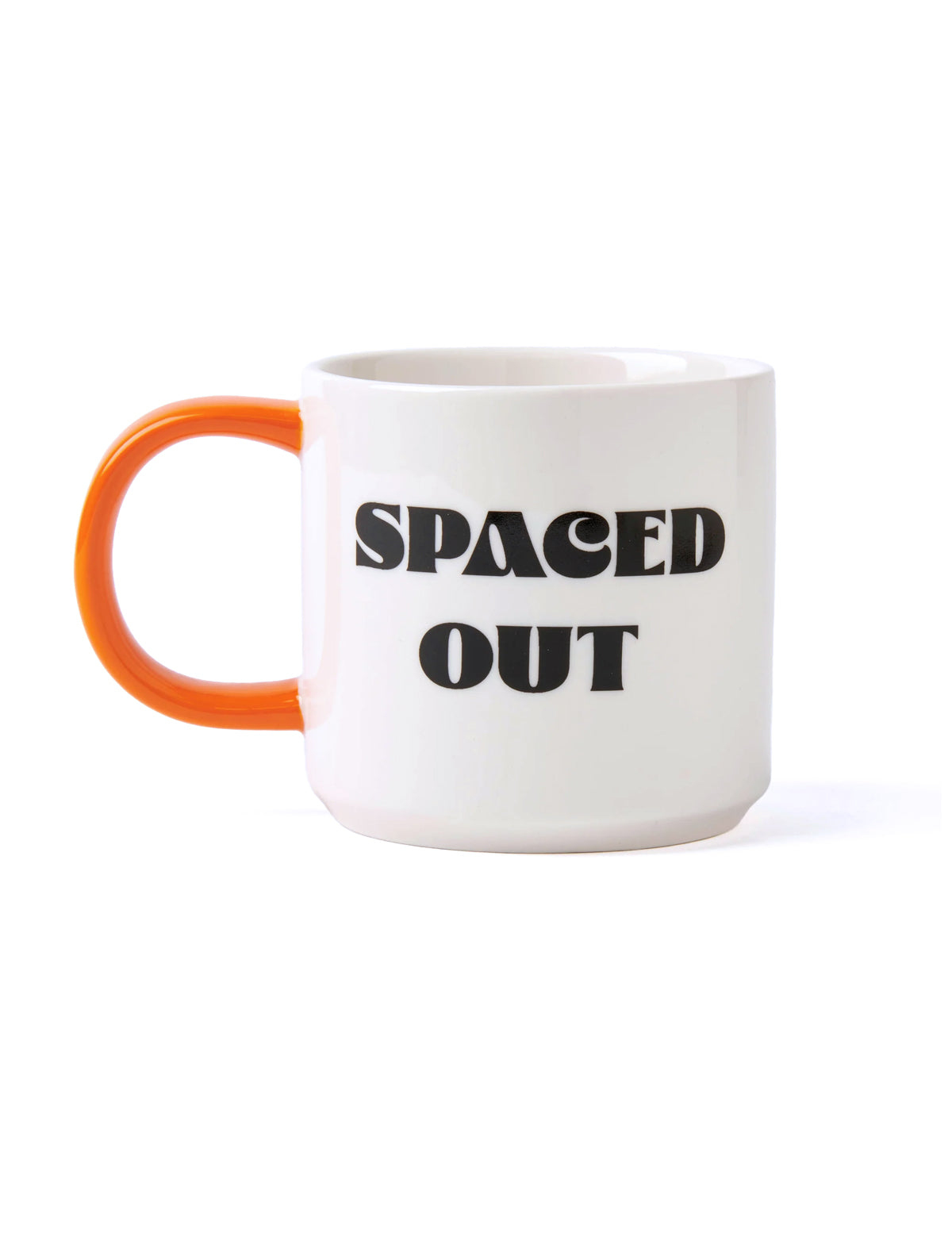 A white ceramic coffee mug with a bright orange handle and interior, featuring the words 'SPACED OUT' printed in a bold black serif font on the front.