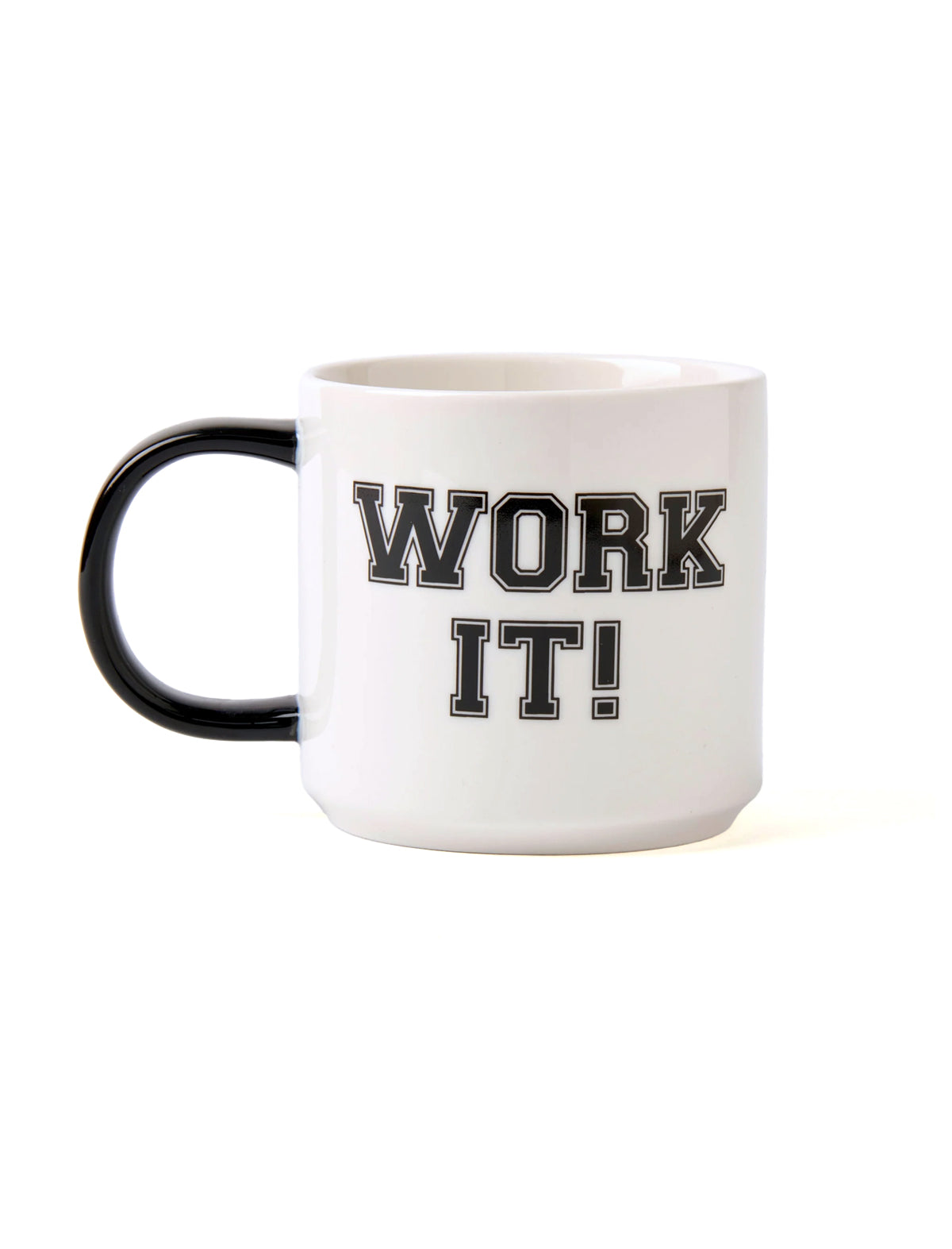 A white ceramic mug with a black handle and black lettering that reads 'WORK IT!' on the front, set against a plain white background.