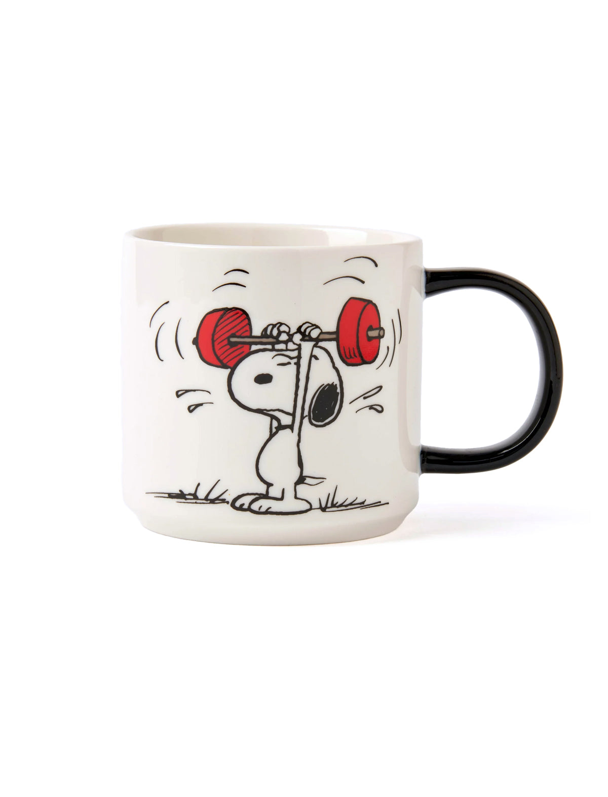A white ceramic mug with a black handle, featuring a cartoon illustration of Snoopy lifting a red barbell on a white background.