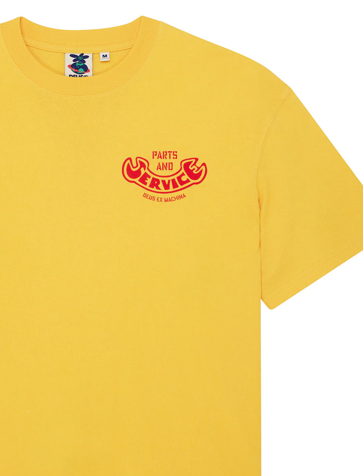 Yellow t-shirt with a red and black logo on a white background