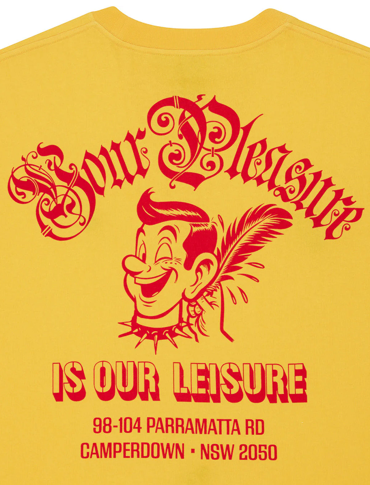 Yellow t-shirt with red graphic design and text on a white background