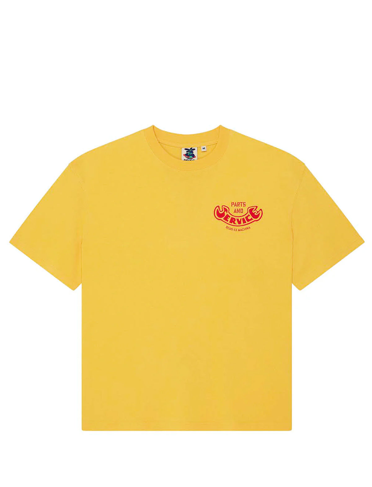 Yellow t-shirt with a red logo on a white background