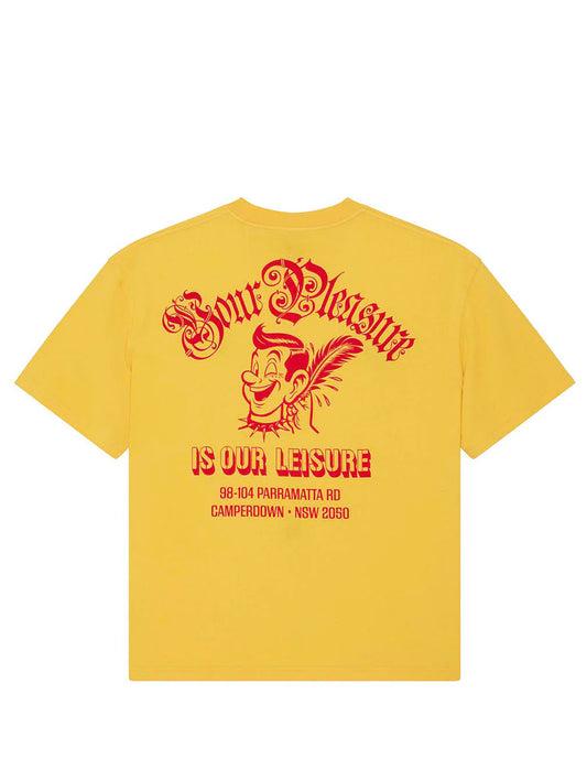 Yellow t-shirt with red graphic and text on a white background