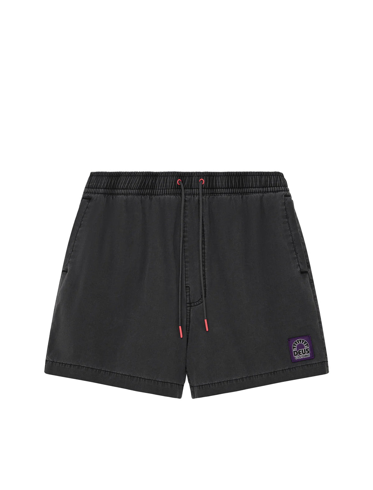 Black shorts with a small logo on a white background