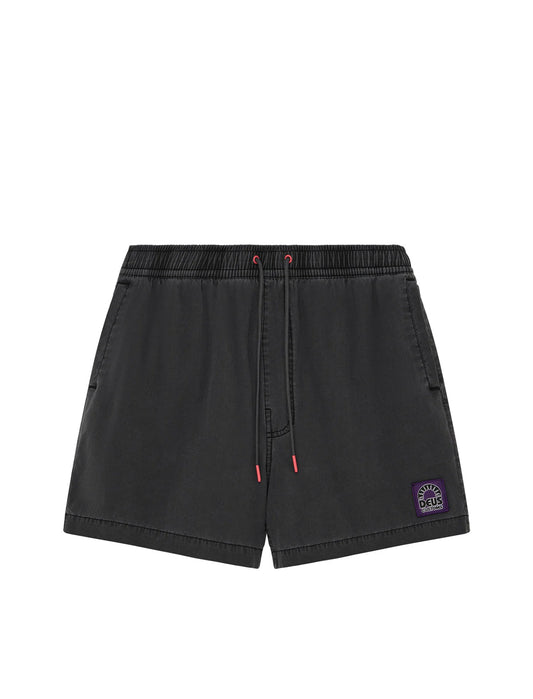 Black shorts with a small logo on a white background