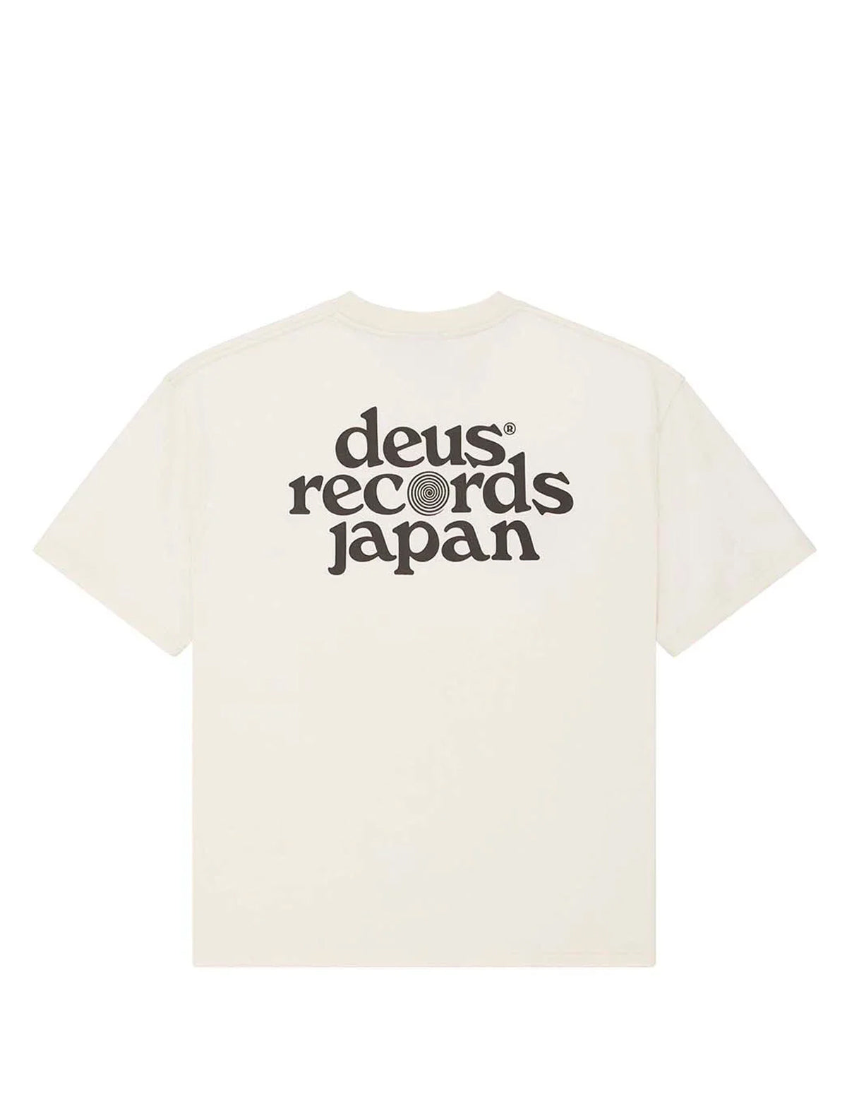 White t-shirt with 'deus records japan' text on a white background