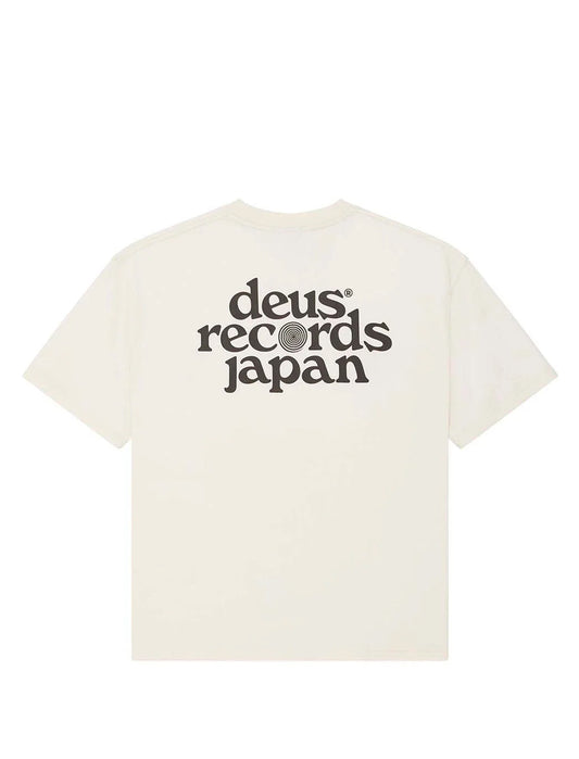 White t-shirt with 'deus records japan' text on a white background