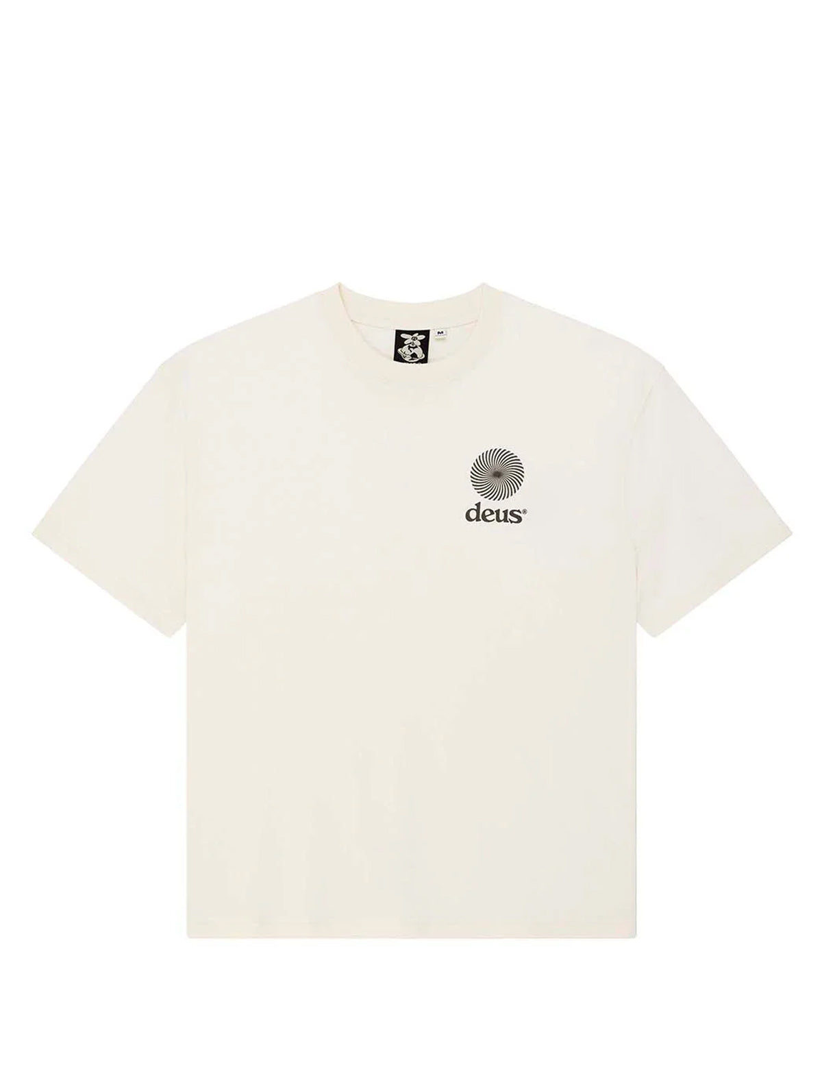White t-shirt with a small logo on a white background