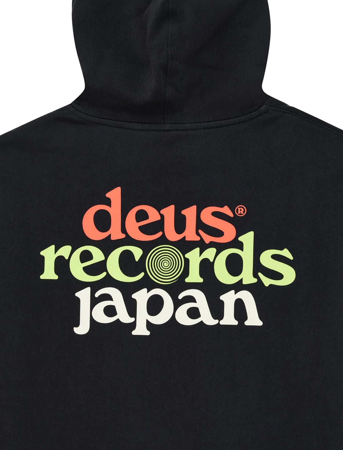 Black hoodie with 'deus records Japan' text on the back against a white background