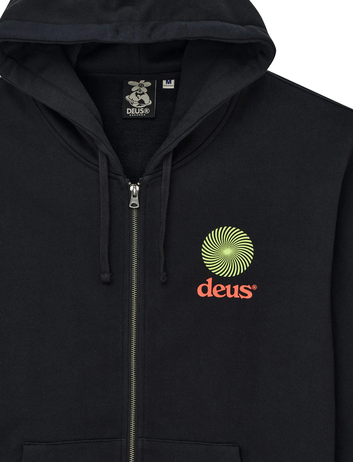 Black hoodie with a green and orange logo on the chest
