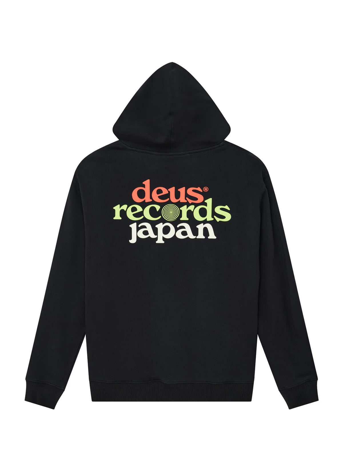 Black hoodie with 'deus records japan' text on the back against a white background